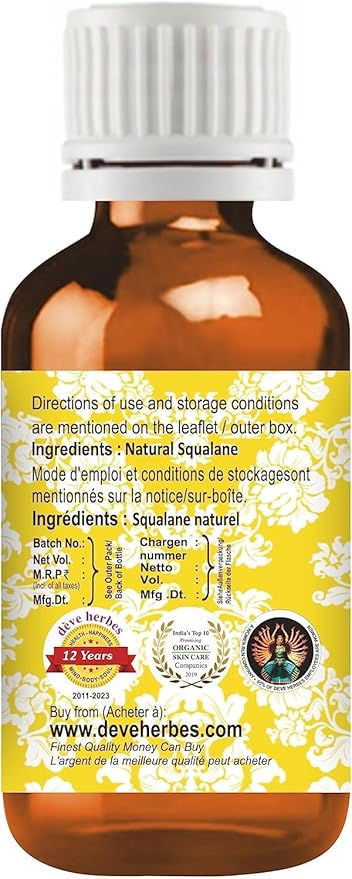 dève herbes Natural Squalane Oil (derived from Olives) | Infused | Pure | Non-Sticky | Lightweight | For Facial Care | Men & Women | 10ml (0.33 oz)