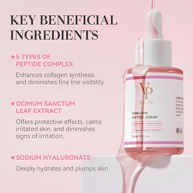 VP VibePro PDRN Pink Peptide Serum, Hydrating Facial Serum with Rose PDRN (Sodium DNA), 5-Type Peptide Complex & Hyaluronic Acid, Brightening & Firm-Looking, Korean Skincare, 30 ml
