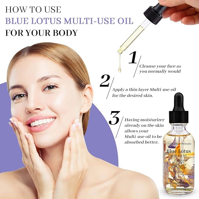 Blue Lotus Multi-Use Body Oil for Face, Hair & Skin – Lightweight Botanical Oil with Jojoba & Camellia Seed Oil, Hydrating Plant Fragrant Oil for Dry Skin, Scalp & Nails – 2 Fl Oz (60ml)