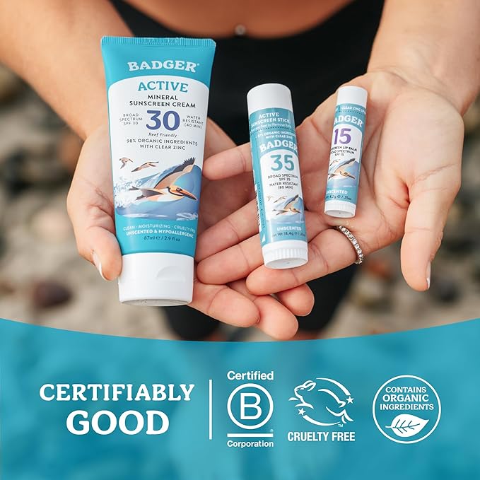 Badger Mineral Sunscreen Lip Balm SPF 15, Reef Safe, Zinc Oxide, Unscented, Travel Size, SPF Lip Balm Sunscreen Stick, .15 oz 4-Pack