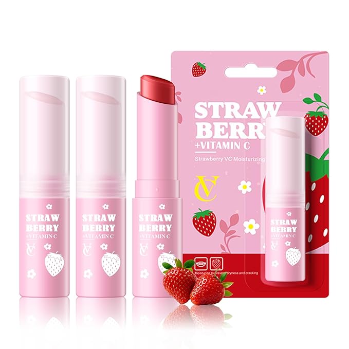 KYDA 3 Pcs Strawberry Lip Balm, Deep Hydrating Tinted Lip Balm, Reduce Fine Lines, Daily Lip Moisturizer for Dry Cracked Lips, with Real Strawberry Extract