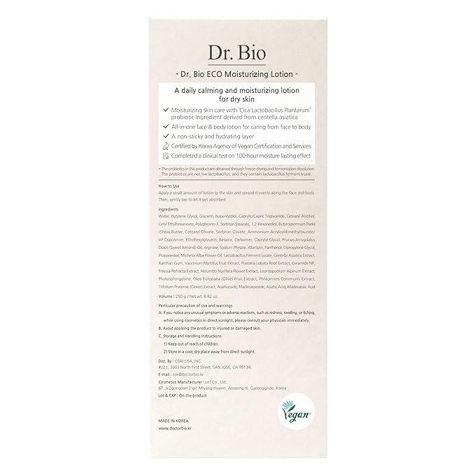 Dr.Bio Eco Moisture Lotion, Body & Face Daily Moisturizer for Sensitive Skin Types with Ceramide Shea Butter, Probiotics & Cica, Organic & Vegan, Fragrance-Free, Hypoallergenic Korean Skincare