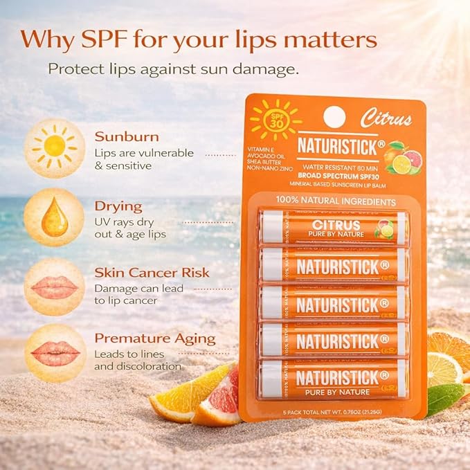 Naturistick UV Pro® Mineral SPF 30 Lip Balm – Citrus (5-Pack), Broad Spectrum Sun Protection