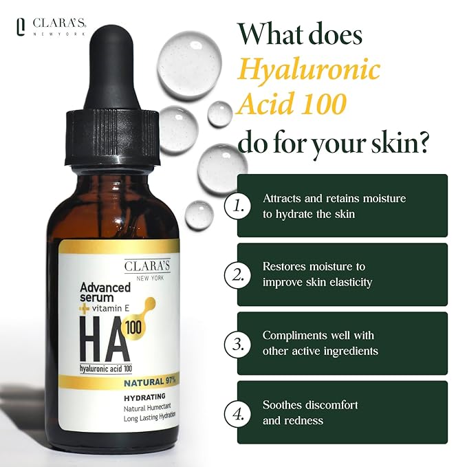 CLARA'S NEW YORK Hyaluronic Acid Facial Serum with Vitamin E – Hydrating & Moisturizing Face Serum – Lightweight, Fast Absorbing – 1 fl oz