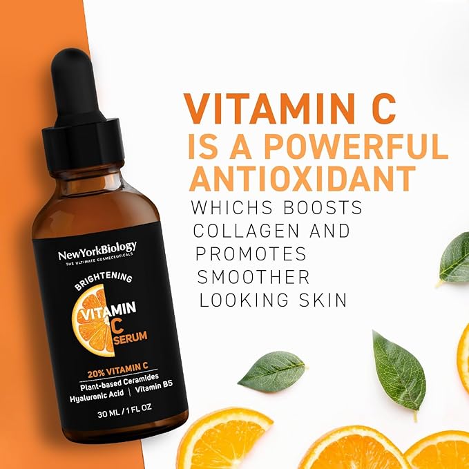 New York Biology Vitamin C Serum for Face with Hyaluronic Acid and 20% Vitamin C - 1 Fl oz – Moisturizing Anti Aging Face Serum for Dark Spots, Dark Circles, Fine Lines and Wrinkles