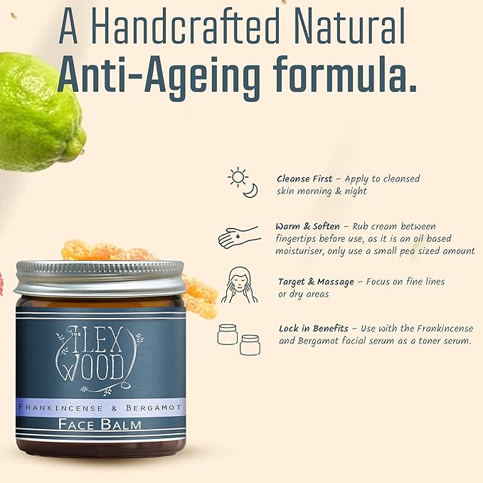 The Ilex Wood - Frankincense and Bergamot Face Balm - 100% Natural, Vegan, Moisturising, Anti Ageing, Wrinkle and Line Reducing Ingredients, Cruelty Free - 60ml (2.03 fl oz)