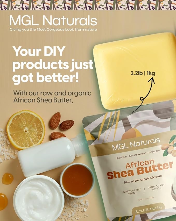 MGL Naturals Raw African Shea Butter Ivory 2.2 lb, 100% Pure, and Unrefined. Nourish and moisturize hair and skin. Use alone or DIY recipes. From Ghana, West Africa. (2.2 lb | 36 oz | 1 kg)