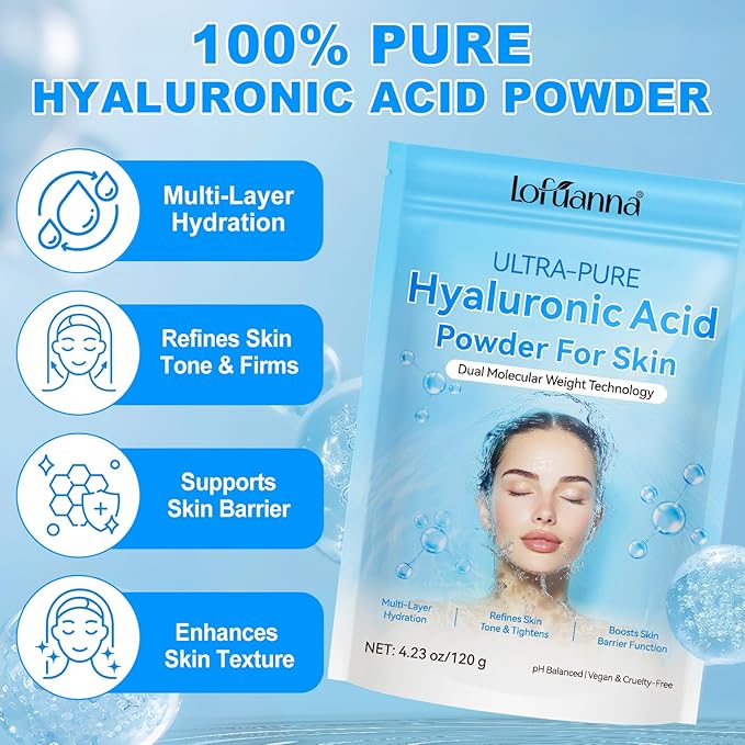 Hyaluronic Acid Powder 100% Pure, Hyaluronic Acid Serum Powder for Skin & Face, Dual Molecular Weight, Deep Hydration & Anti-Aging, DIY Serum Ingredient, Vegan Fragrance-Free(4.23oz/120g)