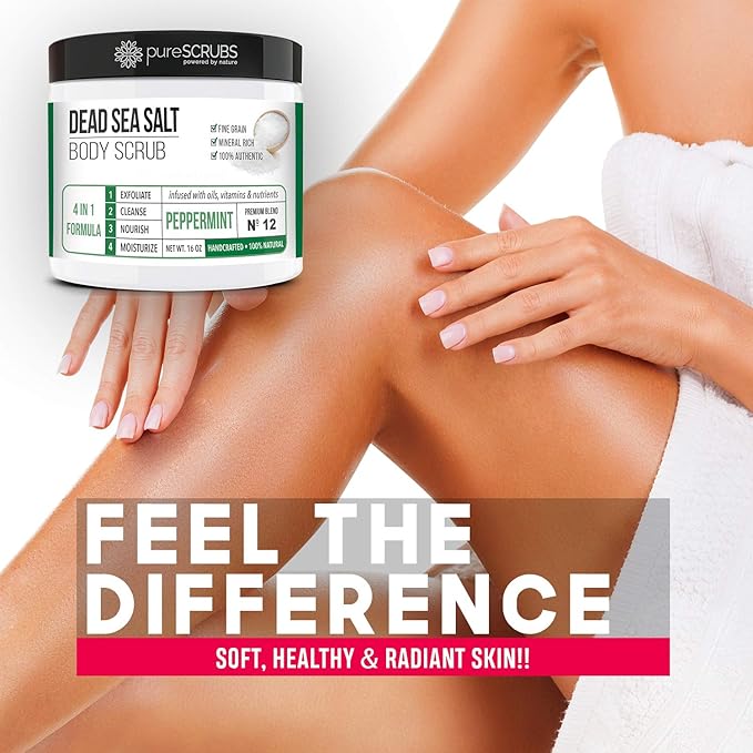 pureSCRUBS Premium Body Scrub for Strawberry Legs, Keratosis Pilaris (KP) & Ingrown Hairs – 4-in-1 Exfoliating Dead Sea Salt Formula – Smooth Skin, Reduce Razor Bumps & Dark Spots - Large 16oz