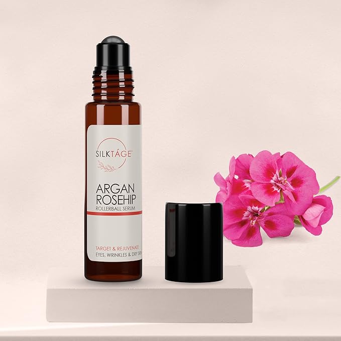 SILKTÁGE Argan Rosehip Rollerball - Organic Argan Oil & Rosehip Oil for Eyes, Wrinkles, Lips, Dry Skin, Age Spots - Anti-Aging Face Oil Serum For Glowing Skin, .33 Fl Oz
