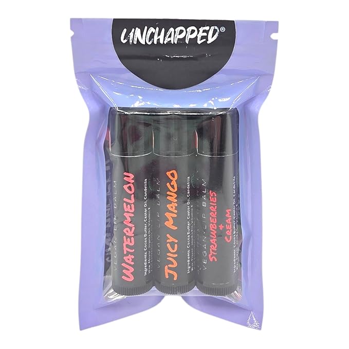 Vegan Lip Balm 3 Pack - All Natural and Free of Beeswax, Soy, Nut, and Top 9 Food Allergens (Strawberries and Cream, Watermelon, Mango)