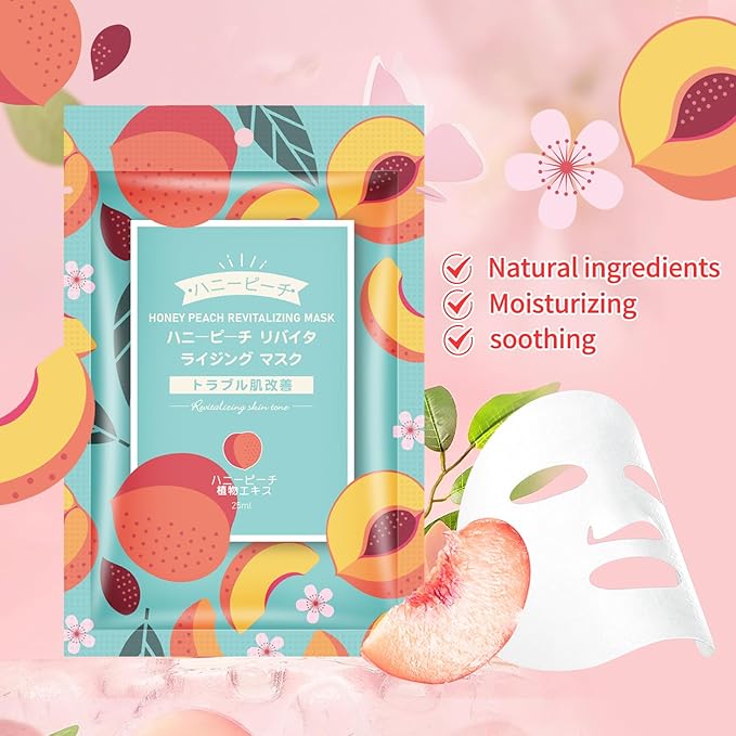 Hydrating Facial Masks Skincare for Women,Honey Peach Face Mask Sheet Skincare, Moisturizing Face Mask for All Skin Types (10-Packs)