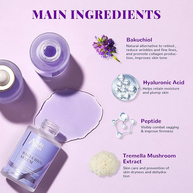 ANAI RUI Bakuchiol Face Serum for Face, Bakuchiol Retinol Alternative Serum,Smoothing Serum with Hyaluronic Acid & Peptide Sensitive Skin Serum, Anti Aging & Wrinkle Serum, 1Fl.Oz