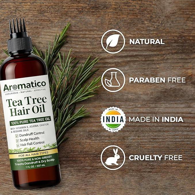 Aromatico Tea Tree Hair Oil with Vitamin E, Jojoba, Castor & Sesame Oils – Lightweight Scalp & Hair Care Oil for Dry Scalp, Shine & Smooth-Looking Hair – Non-Greasy Formula, 200 ml / 7 fl oz
