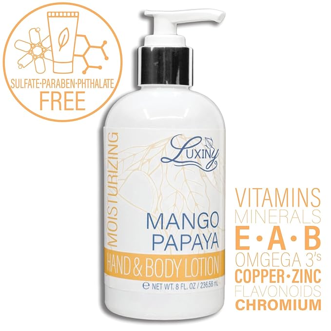 Luxiny Daily Vegan Hand & Body Lotion for Dry Skin,Made with Jojoba Oil & Vitamin E, USA Made, Non Greasy Phthalate/Sulfate/Paraben Free & Cruelty-Free Formula, 8 oz (8 oz, Mango Papaya)