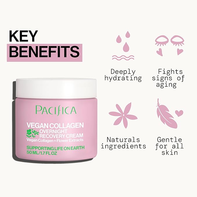 Pacifica Night Face Cream - Vegan Collagen Overnight Recovery Cream, Nighttime Face Cream for Anti-Aging & Wrinkles, Improves Dry Skin & Redness Vegan, Clean Beauty, Dermatologist Tested