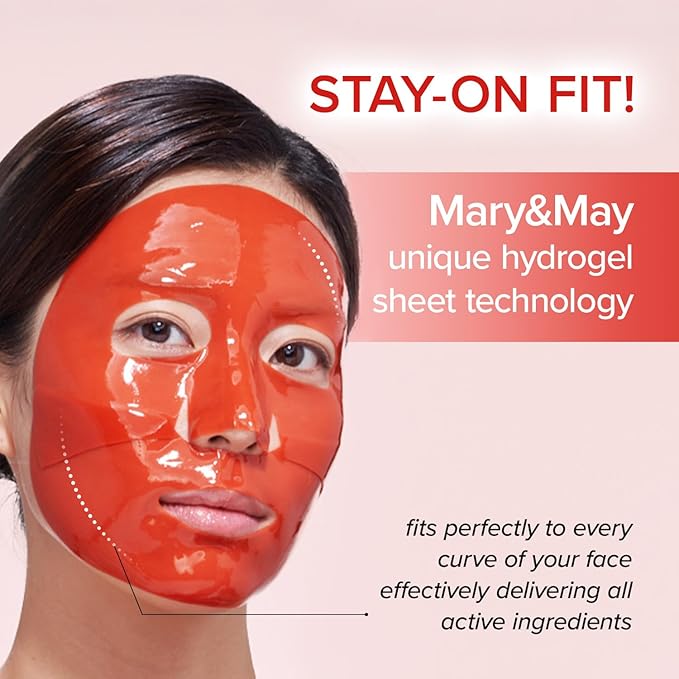 Mary&May Vegan Collagen Red Ginseng Mask - Face Sheet Hydrogel Mask - Low Molecular Collagen, Niacinamide, Centella - Revitalizing, Firming, Hydrating Korean Skincare for Dull & Tired Skin, 4 Sheets