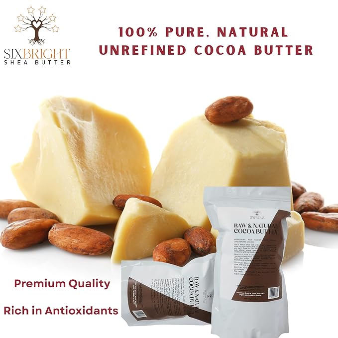Sixbright Unrefined Cocoa Butter –16 oz | 100% Pure, Food Grade- Natural Moisturizer for Dry Skin, Fades Stretch Marks & Scars ,For Skin, Hair, DIYs. Chocolate Aroma