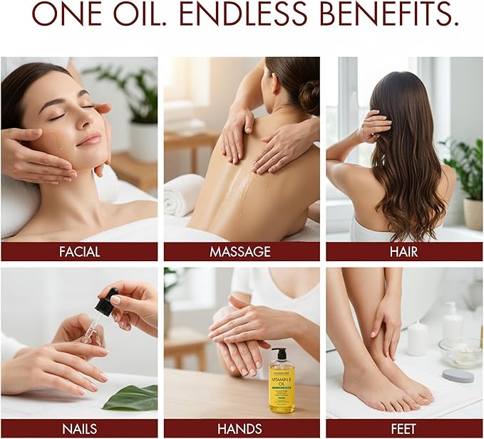 Majestic Pure Vitamin E Oil 8 Fl Oz - 100% Pure and Natural- Cold Pressed & Hexane Free Natural Hair Growth Oil for Eyelashes, Eyebrows, Skin, Body, Face, Nails & Scalp (Pack of 2)