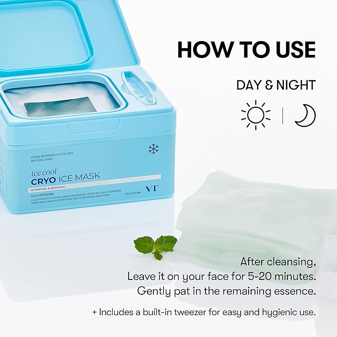 VT COSMETICS Cryo Ice Cool Mask, 30 Sheets, Cooling & De-Puffing Daily Sheet Mask, Hydrating Korean Face Mask, Xylitol & Hyaluronic Acid, K-Beauty Skincare