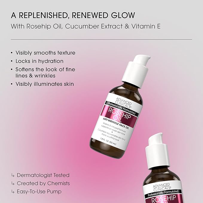 Advanced Clinicals Rosehip Oil For Face With Vitamin E + Botanicals Helps Improve Look Of Dark Spots, Wrinkles, Fine Lines, & Uneven Looking Skin Tone | Moisturizing Skin Care Face Serum, 2-Pack