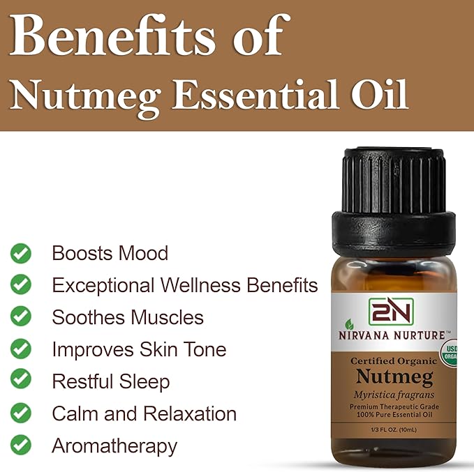 Nutmeg Essential Oil, USDA Certified Organic, 100% Pure Undiluted, Aromatherapy Oil for Diffuser, Hair & Skin Care