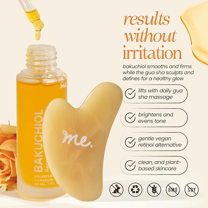 Mudita Earth Face Sculpt Set with Bakuchiol Facial Oil & Gua Sha Tool | Retinol Alternative for Firming, Lymphatic Drainage & Glow | Chia Seed & Prickly Pear | (Bakuchiol Kit)