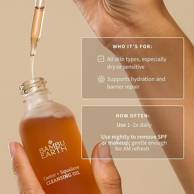 Bambu Earth Castor + Squalane Cleansing Face Oil - Gentle Formula Hydrating Makeup Remover - Restores Skin's Natural Moisture Barrier, Rich in Omega Fatty Acids, Skincare for All Skin Types - 2 Fl. oz