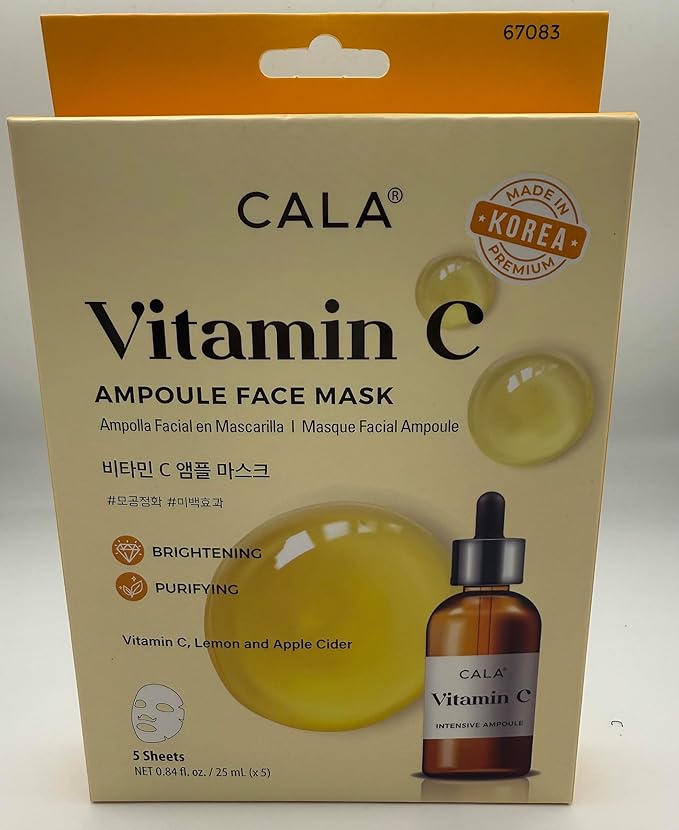 Cala Vitamin C Ampoule Face Mask, Hydrating Sheet Mask for Dry Skin, 5 Count