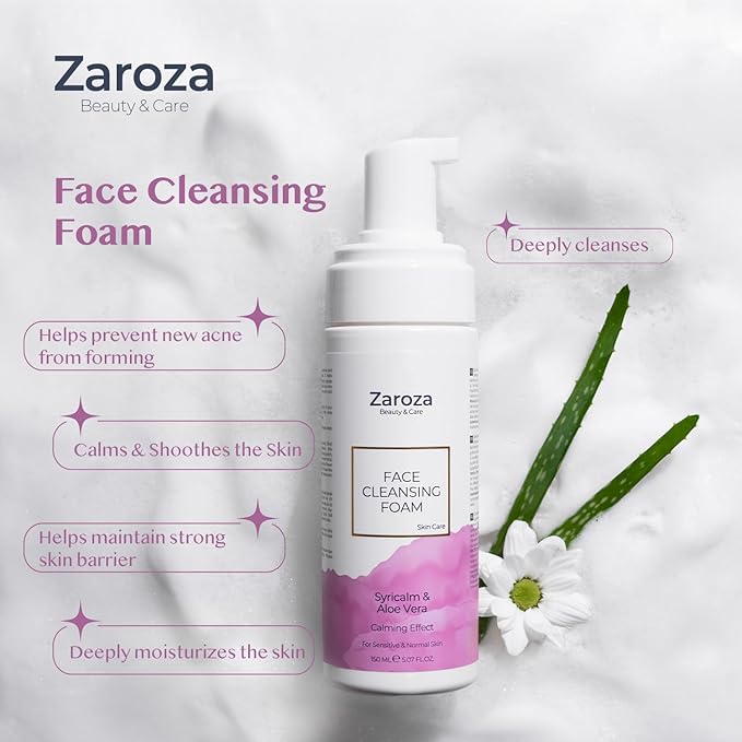 Zaroza Face Cleansing Foam – Gentle Daily Cleanser with Niacinamide, Hyaluronic Acid & Aloe Vera – Soothing, Hydrating Face Wash for Sensitive & Normal Skin – Vegan – 5 fl oz
