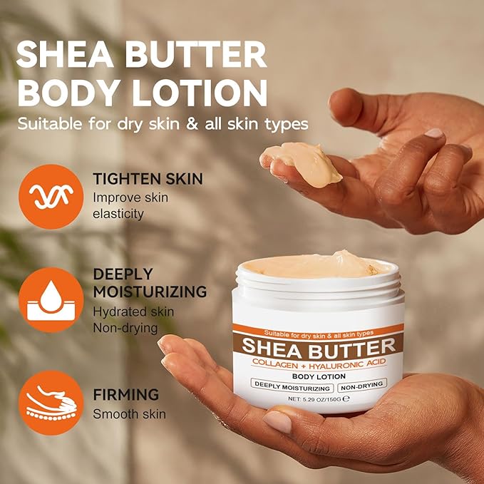 Grospe Shea Body Butter for Dry, Extremely Dry, Sensitive Skin,Body Cream with Marine Collagen, Shea Butter & Argan Oil for Women & Men