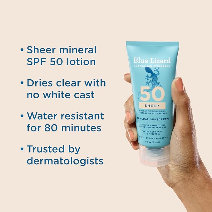 Blue Lizard Sheer Mineral SPF 50 Sunscreen Lotion, Zinc Oxide, 100% Mineral Formula, Nourishes with Australian Desert Lime and Peach, Paraben-Free, Fragrance-Free, 3 fl oz