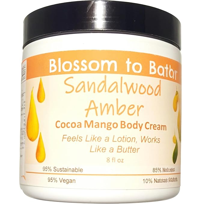 Blossom to Bath Sandalwood Amber Cocoa Mango Body Cream (8 Ounce) - Phthalate Free Fragrance - Feels Like A Lotion And Works Like A Butter with a Woodsy Warm Scent