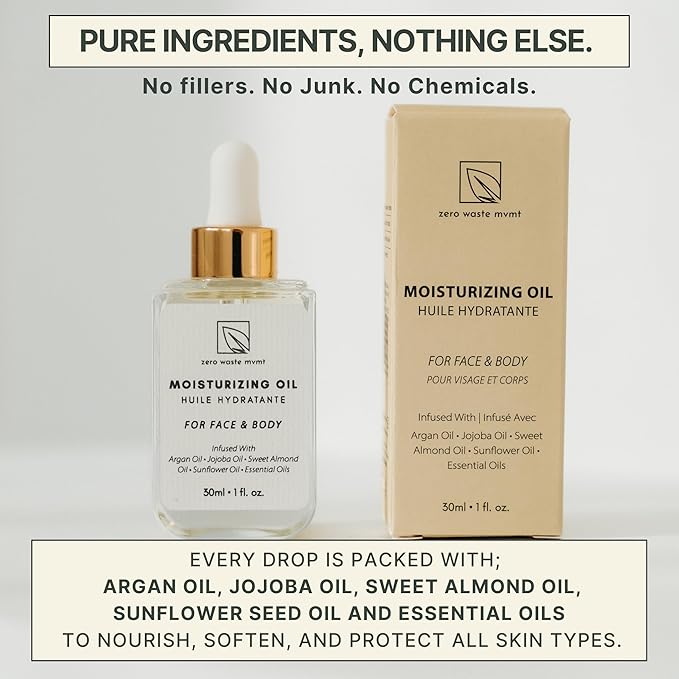 Moisturizing Oil for Face and Body – 100% Plant-Based, Vegan, and Cruelty-Free – Hydrating Blend with Argan, Jojoba, and Sweet Almond Oil – Plastic-Free Packaging – 30ml