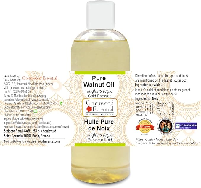 Greenwood Essential Walnut Oil (Juglans regia) | Cold Pressed | Natural | Undiluted | For Diluting Essential Oils | For Skin & Massage | Men & Women | 200ml (6.76 oz)