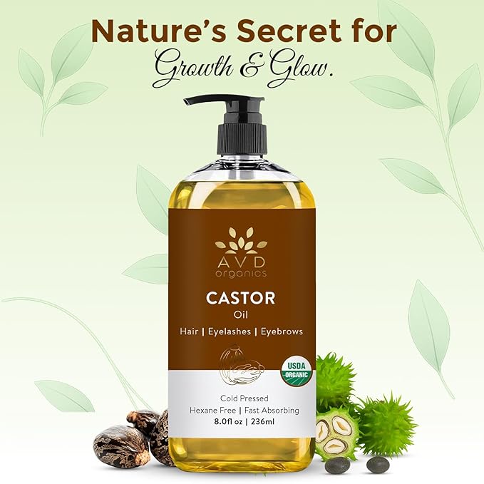 AVD Organics Castor Oil 236 ML– 100% Pure USDA Certified Organic Castor Oil for Hair Growth Big Bottle with Pump (8 oz)