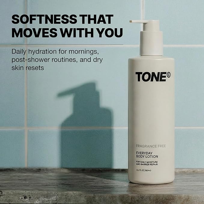TONE Everyday Body Lotion, 12.2 Oz, Fragrance Free, Fast Absorbing & Hydrating Body Lotion for All Skin Types Made with Shea Butter and Vitamin E for Soft Skin, Paraben-Free