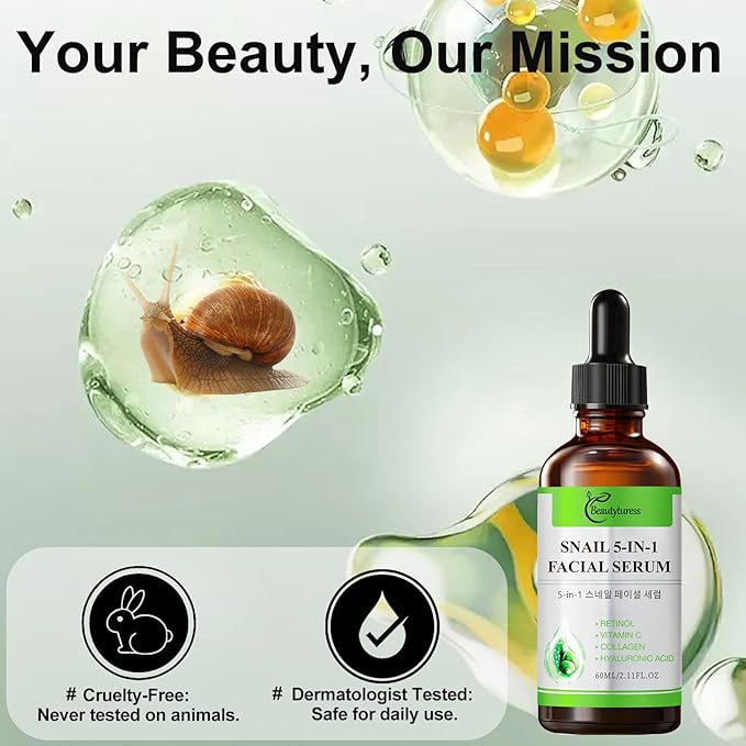 Snail 5-in-1 Facial Serum with Retinol, Vitamin C, Collagen & Hyaluronic Acid-2 fl.oz-Age-Defying & Balancing Essence - Deeply Hydrating & Enhancing Formula -Daily Skin Care for a Supple, Radiant Look