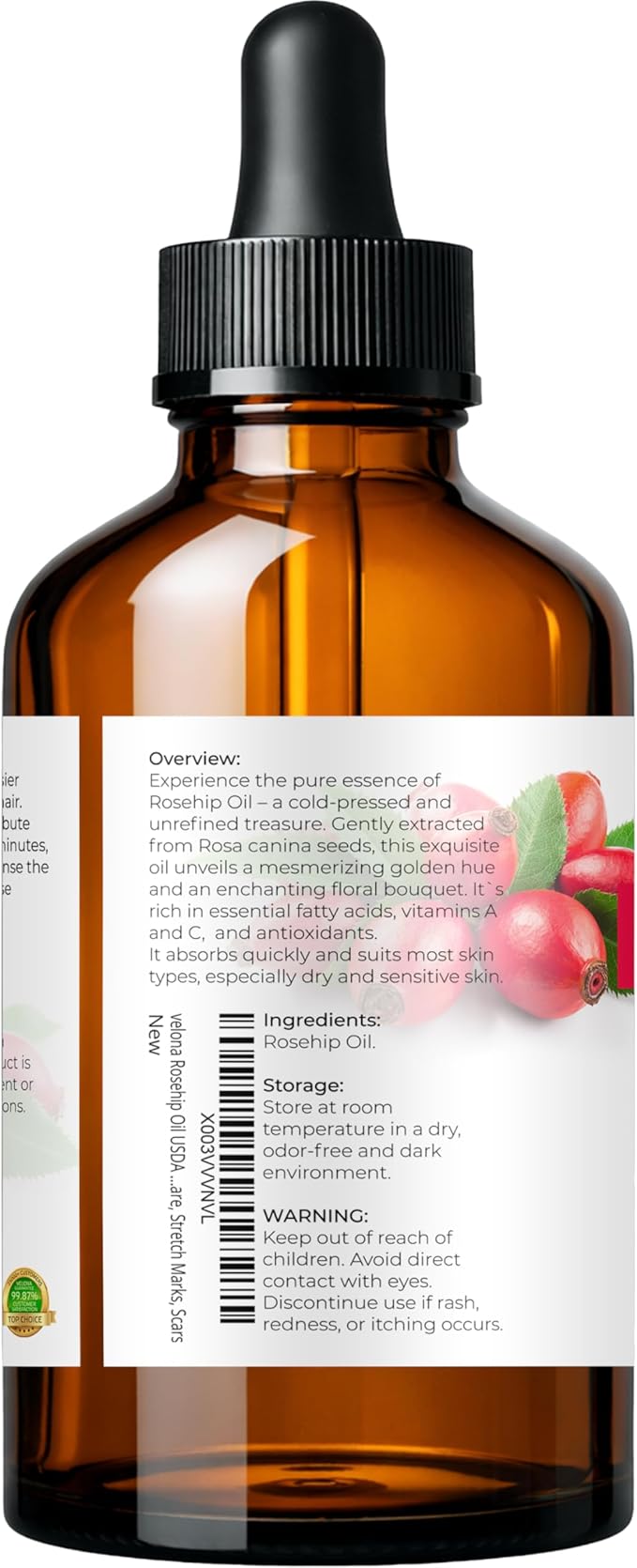 velona Rosehip Oil - 4 Fl Oz | 100% Pure and Natural Carrier Oil| Unrefined, Cold Pressed, Hexane Free | Moisturizing Face, Hair, Body, Skin Care, Stretch Marks, Scars…