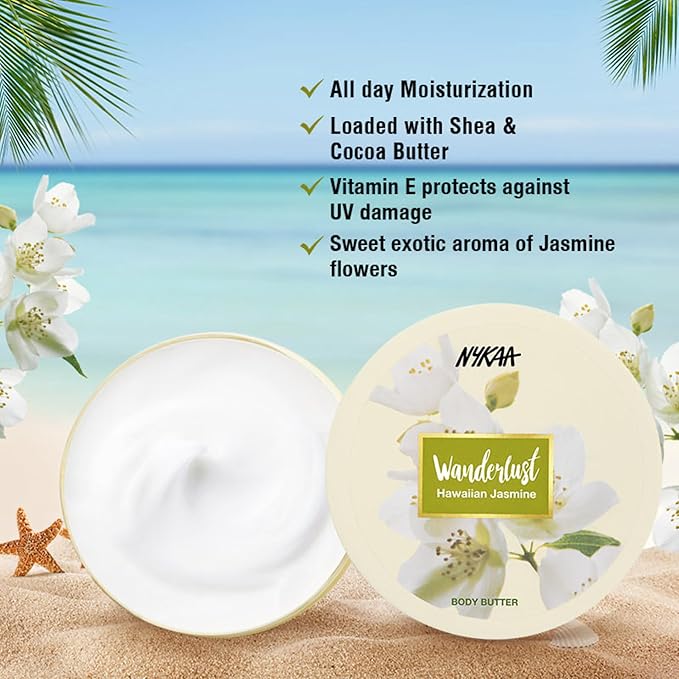 Nykaa Naturals Wanderlust Body Butter - Enriched with Shea, Cocoa Butter, and Almond Oil - Vegan, Cruelty-Free - Hawaiian Jasmine - Vegan - 6.7 oz