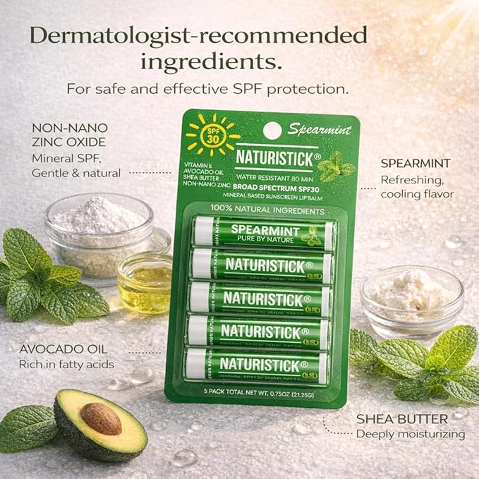 Naturistick UV Pro® Mineral SPF 30 Lip Balm – Spearmint (5-Pack), Broad Spectrum Sun Protection
