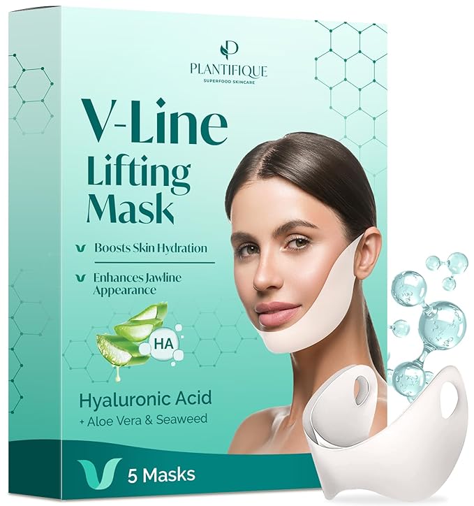 PLANTIFIQUE V-Line Collagen Mask for face 5 PCS | Chin Strap for Women & Men and Korean Skincare Clay Mask – Hydrating Mud Mask with Avocado & Superfoods