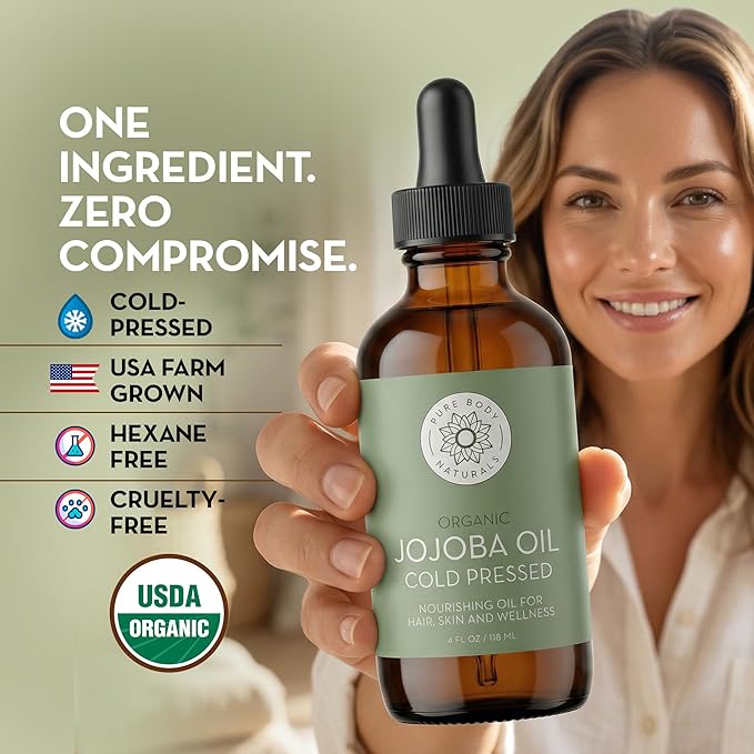 Pure Body Naturals Organic Jojoba Oil, 4 Fl Oz - 100% Pure, Organic, USA-Sourced, Cold Pressed Jojoba Oil for Skin, Face, Nails and Hair - Carrier Oil for Mixing Essential Oils