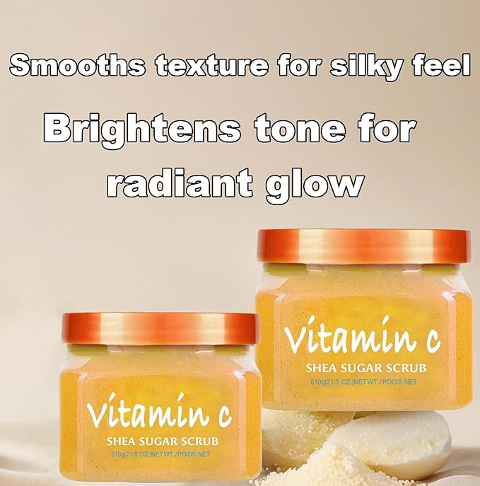 Facial Scrub Vitamin C Shea Sugar Scrub Ultra Hydrating and Exfoliating for Nourishing Essential Body Care Improves Acne Scars, Blackheads, Pore Size, and Skin Texture 21oz