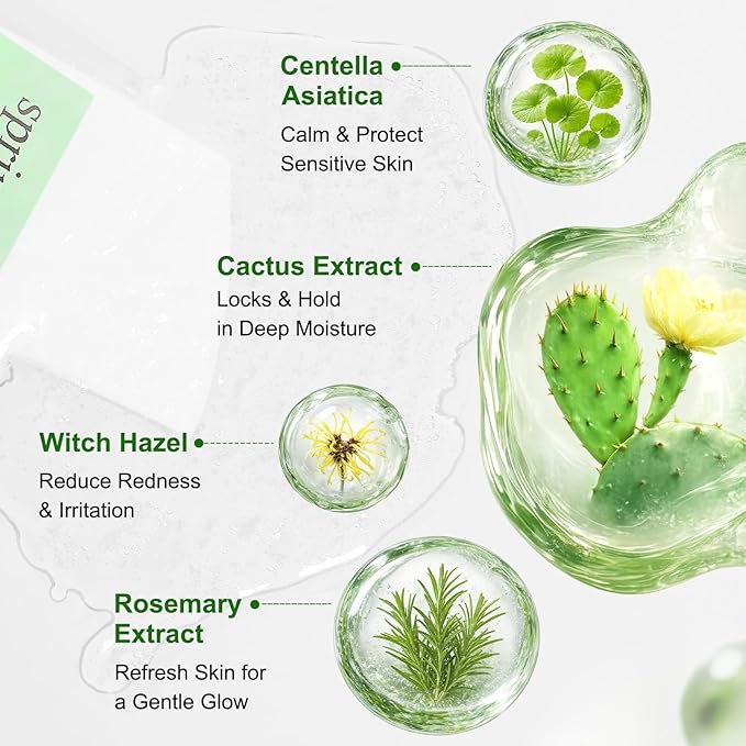 SPRINGSKY Hydrating Face Mask with Natural Cactus & Centella Asiatica, Moisturizing Sheet Mask for Dry Sensitive Skin, 24HR Deep Hydration Soothing for Radiant Glow, Korean Skincare, 4 Count