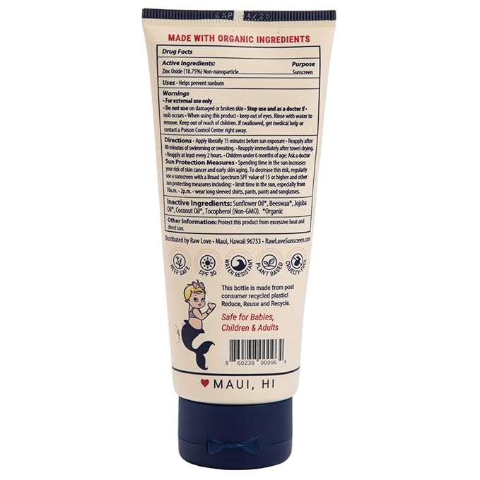 Raw Love Mineral Sunscreen Lotion for Face & Body | Reef Safe for Adults and Kids | Zinc Oxide, Water Resistant, Broad Spectrum UVA/UVB SPF 30 Protection for Sensitive Skin | 3oz