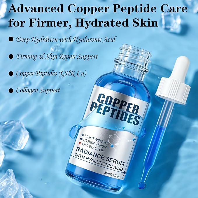 GHK-Cu Copper Peptide Facial Serum with Hyaluronic Acid, Lightweight Deep Hydration Face Serum, Smooth & Plumping Feel