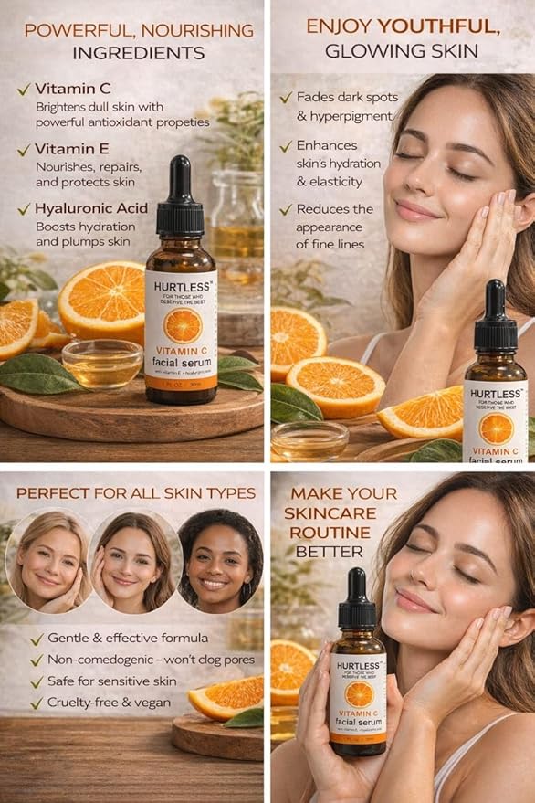 HURTLESS Vitamin C Face Serum with Hyaluronic Acid, Brightening Serum for Dark Spots, Dull Skin, Hydrating, Fragrance Free, Fast Absorbing, Cruelty-Free Skin Serums for Dry Skin- 30 ml / 1.01 fl oz