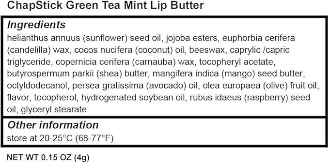 ChapStick Green Tea Mint 100 Percent Natural Ingredients Lip Butter, Moisturizing Lip Balm - 0.15 Oz