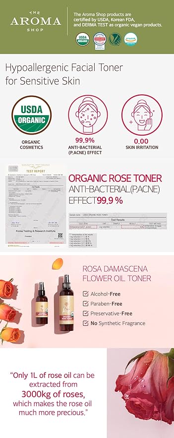 USDA Organic Certified Rose Toner, USDA Organic, Hydrating & Soothing Face Toner Mist, Rose Oil, Daily Skin Care, K-Beauty Inspired, 3.38 fl oz